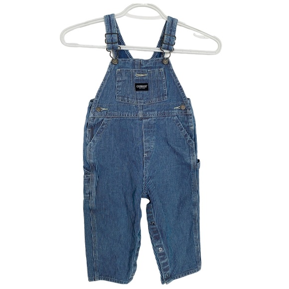 OSH KOSH Baby 24M Blue & White Pin Striped Denim Overalls Bibs With Diaper Snaps - Picture 1 of 15